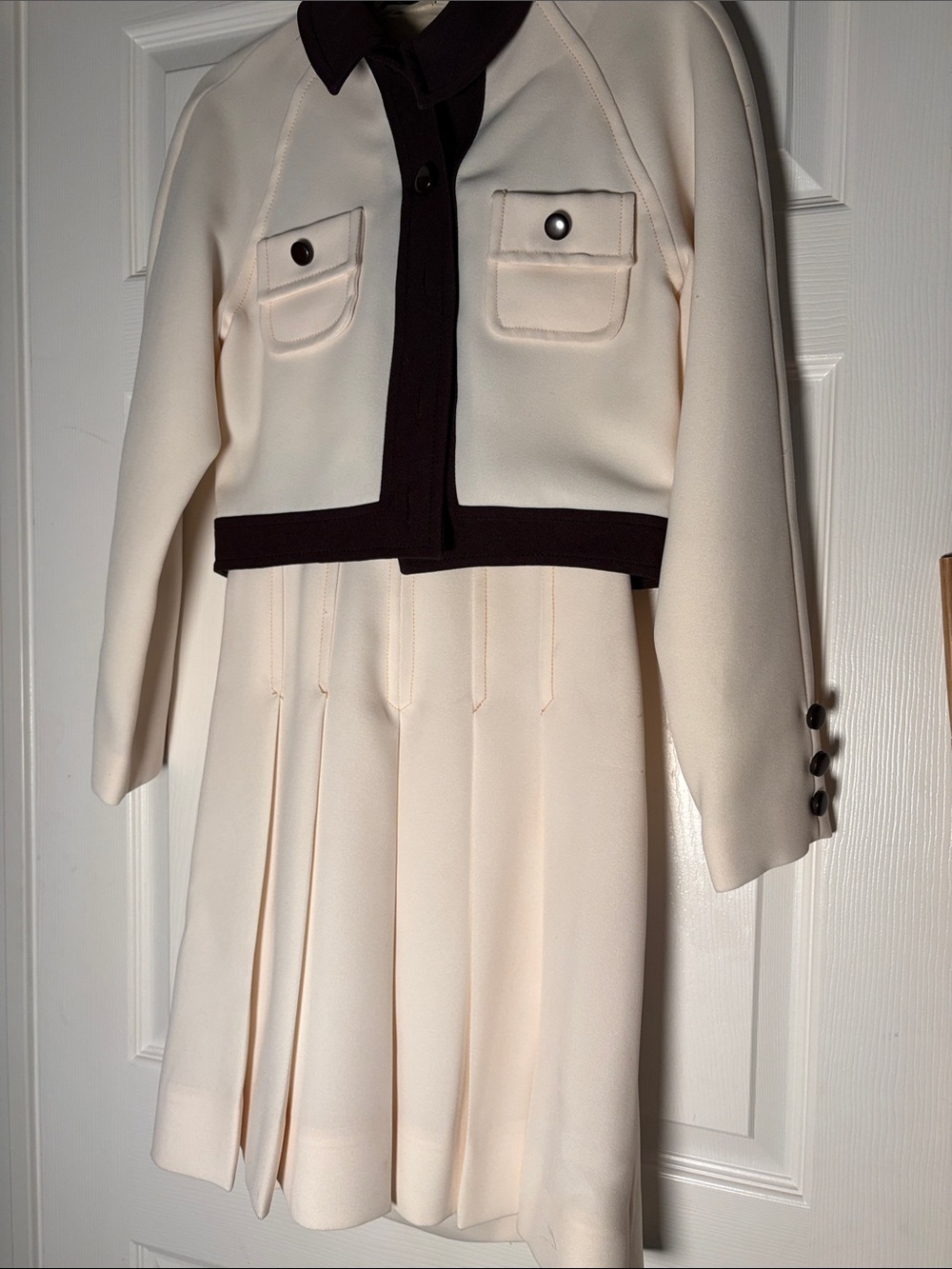 Vintage 1970’s Cream Halter Dress with Cropped Blazer with Dark Contrast Trim